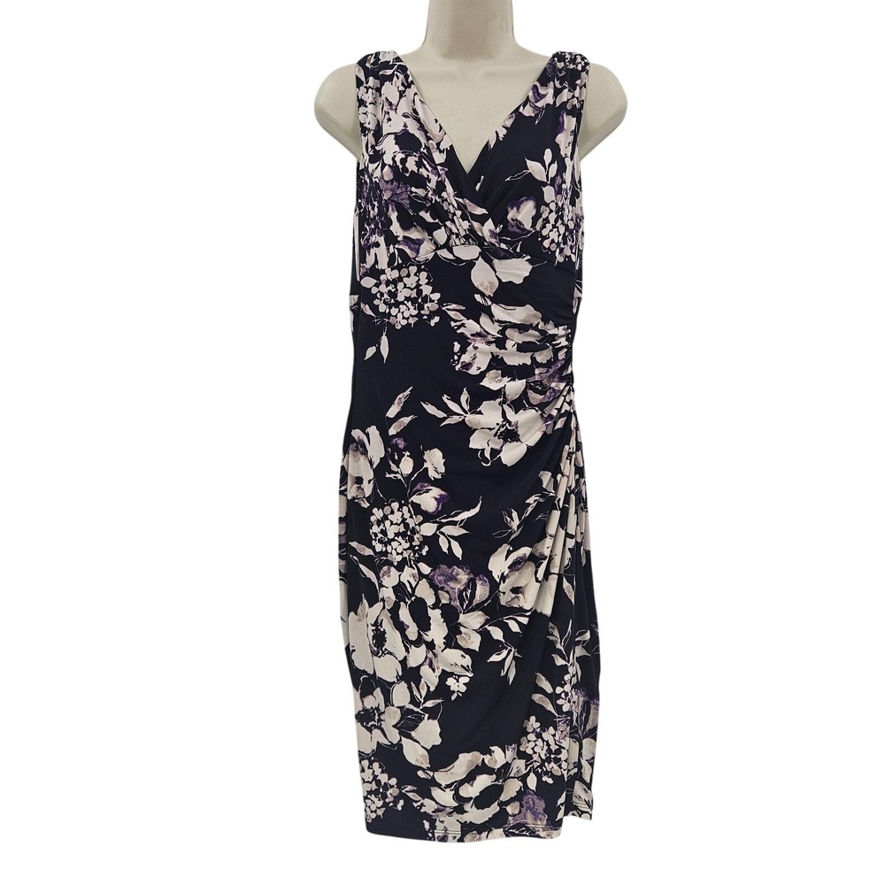Lauren Ralph Lauren Dress Womens 6 Black Purple Floral Sheath Sleeveless Ruched